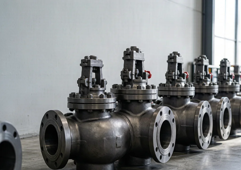 Row of forged steel trunnion mounted ball valves staged in a manufacturing warehouse ready for shipment